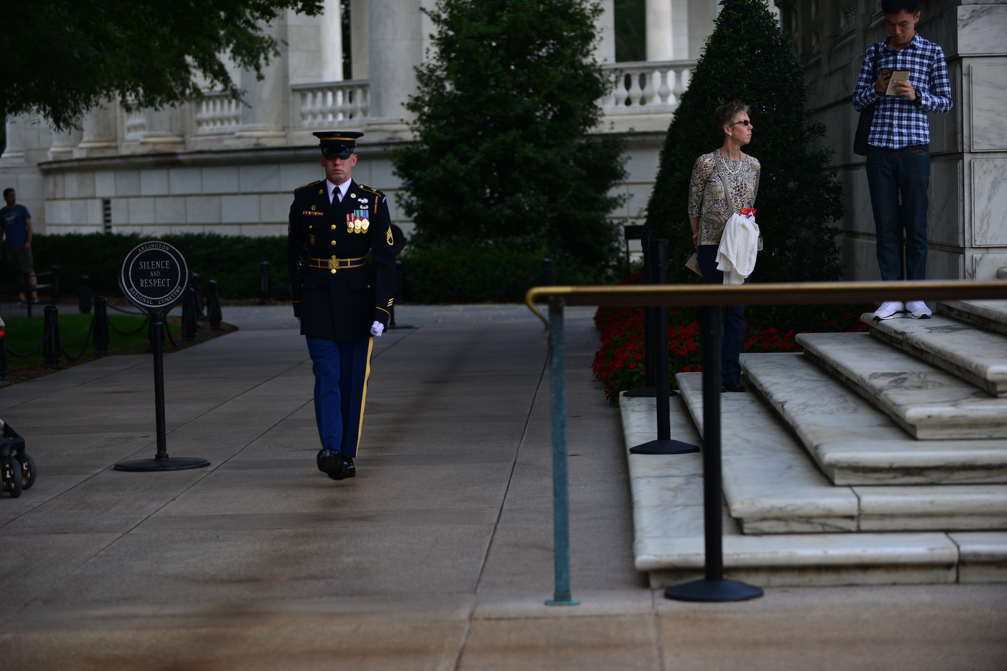 A U.S. Army 3rd U.S. Infantry Regiment (The Old Guard) relief commander prepares to conduct an inspection during the Gold Star Mother’s Day Observance at Arlington National Cemetery in Arlington, Va., Sept. 27, 2015. The Changing of the Guard ritual started the Gold Star Mother’s Day observance day event . (U.S. Air Force photo by Staff Sgt. Natasha Stannard/Released)