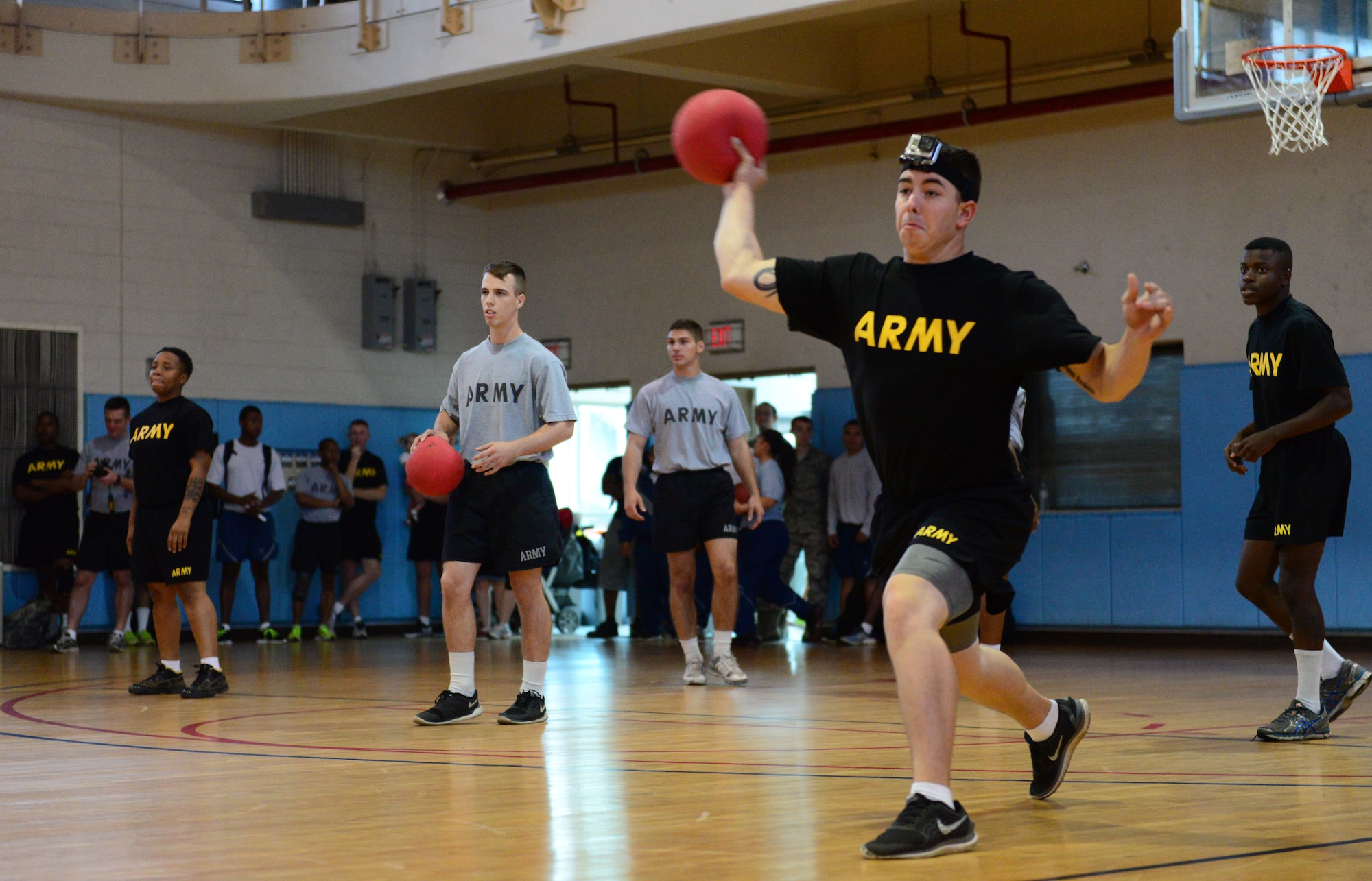 Soldiers and Airmen furiously compete for the title of dodgeball champion during the second annual Osan Cup held at Osan Air Base, Republic of Korea, Sept. 30, 2015. The Osan Cup is a two-day contest with a variety of events designed to play to different strengths and promote healthy competition.
(U.S. Air Force photo/Staff Sgt. Amber Grimm)
