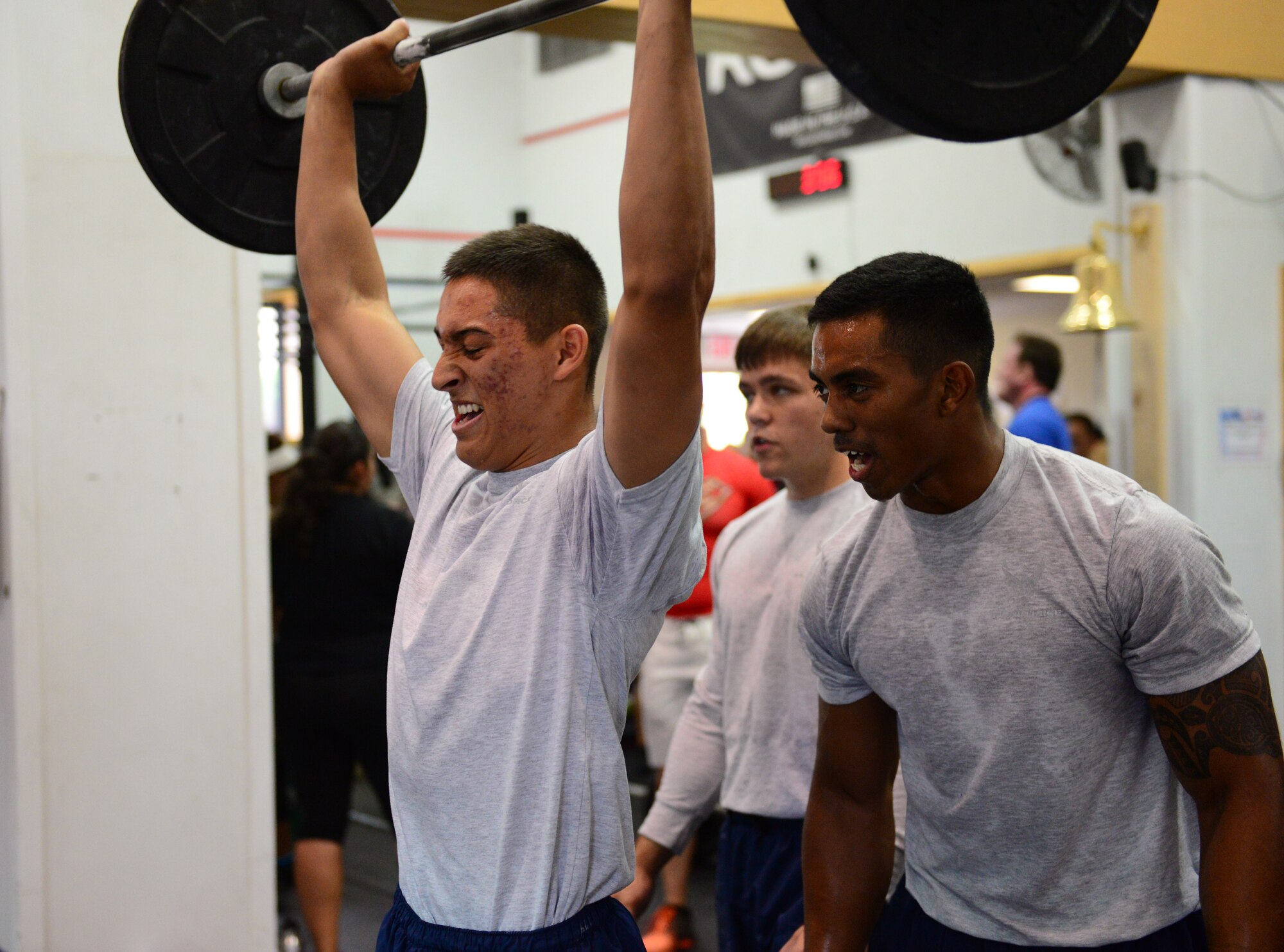 Airman 1st Class Francisco Barron, 51st Security Forces Squadron, is cheered on by teammates as he competes in the timed, four-man group, high-intensity strength and conditioning challenge held at Osan Air Base, Republic of Korea, Sept. 30, 2015. The second annual Osan Cup is a two-day contest with a variety of events designed to play to different strengths and promote healthy competition.
(U.S. Air Force photo/Staff Sgt. Amber Grimm)