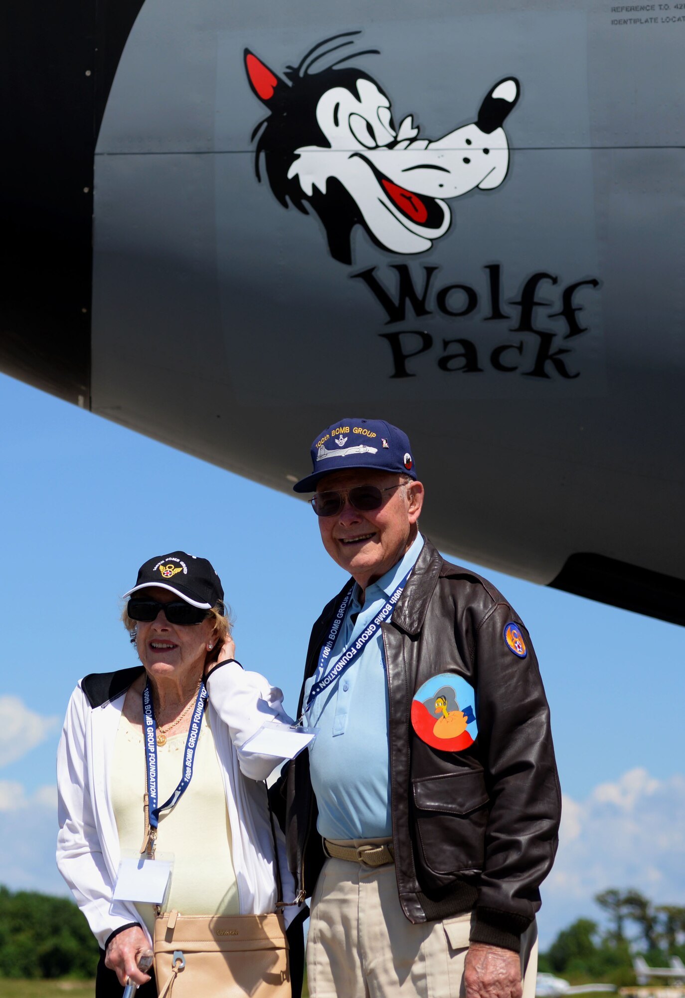 World War ll veteran Robert “Bob” Wolff poses with his wife Nancy Wolff underneath the Wolff Pack nose art on a KC-135 Stratotanker assigned to RAF Mildenhall, England, while at a static display Sept. 24, 2015, at Louis Armstrong New Orleans International Airport in New Orleans, La. Bob worked as a B-17 pilot while stationed at Thorpe Abbots during World War ll. (U.S. Air Force photo by Senior Airman Victoria H. Taylor/Released)