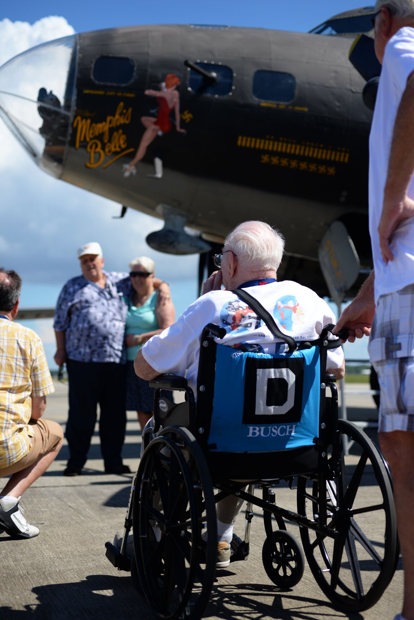 World War ll veteran Frank “Bud” Bucshmejer sits in his wheelchair while looking at the static display of the B-17 Flying Fortress Sept. 24, 2015, at Louis Armstrong New Orleans International Airport in New Orleans, La. Bud worked as a B-17 co-pilot while stationed at Thorpe Abbots during World War ll. (U.S. Air Force photo by Senior Airman Victoria H. Taylor/Released)