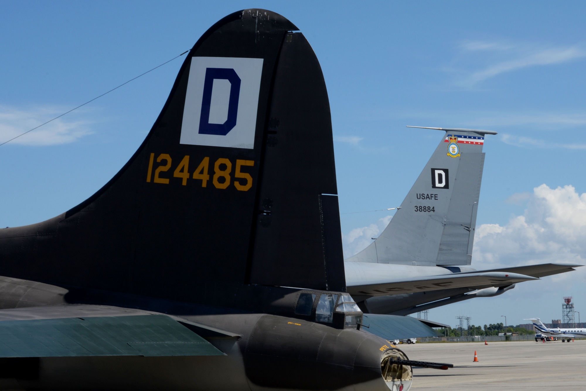 A B-17 Flying Fortress sits alongside a KC-135 Stratotanker assigned to RAF Mildenhall Sept. 24, 2015, at Louis Armstrong New Orleans International Airport in New Orleans, La. The B-17 is a four-engine heavy bomber aircraft developed in the 1930s for the U.S. Army Air Corps. (U.S. Air Force photo by Senior Airman Victoria H. Taylor/Released)