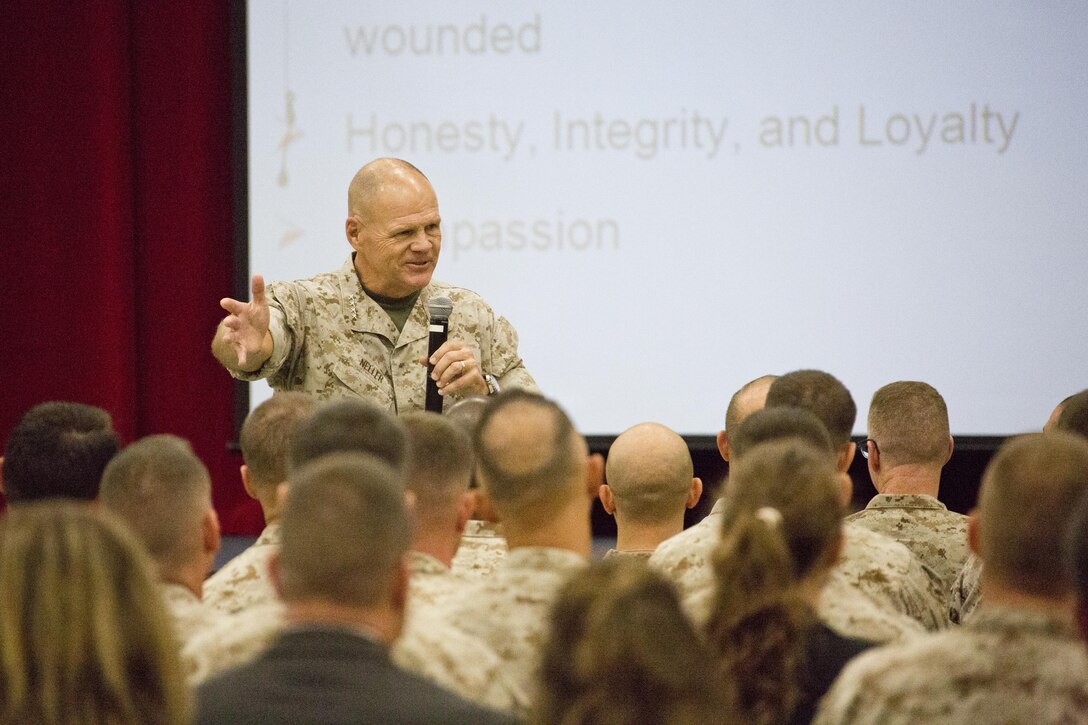 Commandant of the Marine Corps, Gen. Robert B. Neller, speaks to Marines with Marine Corps University at Ellis Hall, Marine Corps Base Quantico, Va., Oct. 1, 2015. Neller spoke about readiness, training, Naval integration, modernization and technology. (U.S. Marine Corps photo by Sgt. Gabriela Garcia/Released)