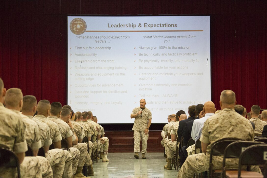 Commandant of the Marine Corps, Gen. Robert B. Neller, speaks to Marines with Marine Corps University at Ellis Hall, Marine Corps Base Quantico, Va., Oct. 1, 2015. Neller spoke about readiness, training, Naval integration, modernization and technology. (U.S. Marine Corps photo by Sgt. Gabriela Garcia/Released)