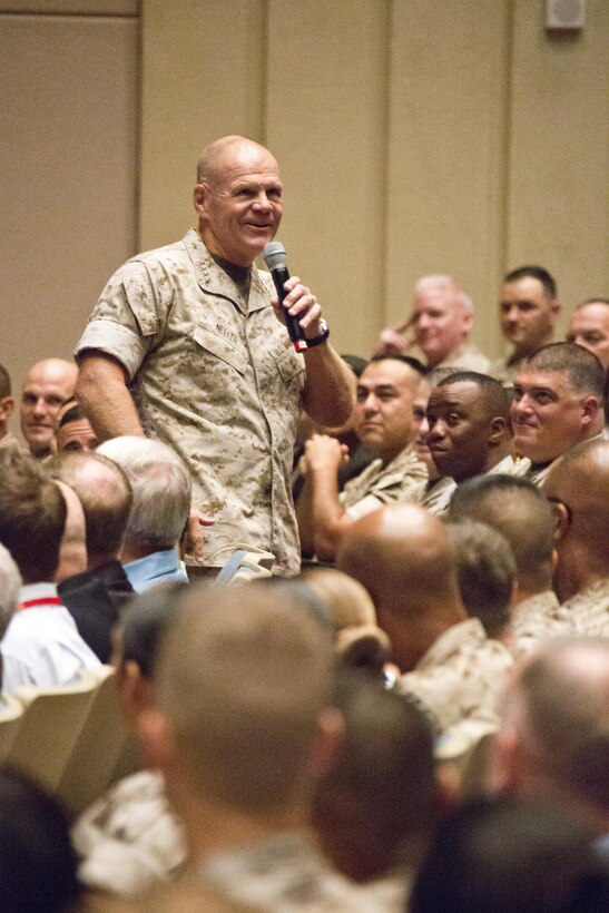 Commandant of the Marine Corps, Gen. Robert B. Neller, speaks to Marines, Sailors and civilians at Little Hall, Marine Corps Base Quantico, Va., Oct. 1, 2015. Neller spoke about readiness, training, Naval integration, modernization and technology. (U.S. Marine Corps photo by Sgt. Gabriela Garcia/Released)