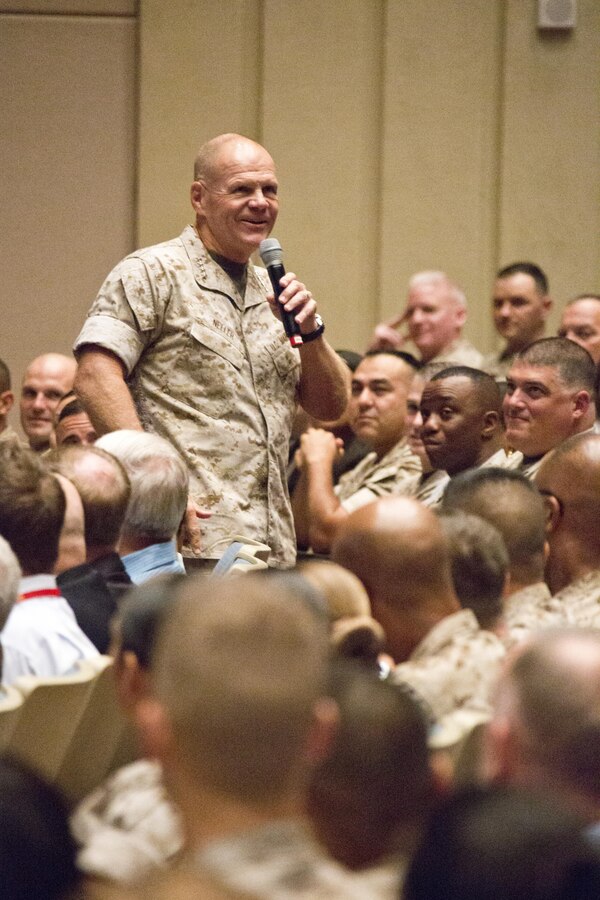 Commandant of the Marine Corps, Gen. Robert B. Neller, speaks to Marines, Sailors and civilians at Little Hall, Marine Corps Base Quantico, Va., Oct. 1, 2015. Neller spoke about readiness, training, Naval integration, modernization and technology. (U.S. Marine Corps photo by Sgt. Gabriela Garcia/Released)