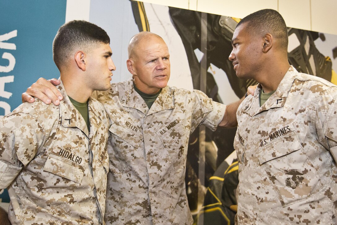 Commandant of the Marine Corps, Gen. Robert B. Neller, speaks with Marines at Bruce Hall chow hall, Marine Corps Base Quantico, Va., Oct. 1, 2015. Neller spoke about readiness, training, Naval integration, modernization and technology. (U.S. Marine Corps photo by Sgt. Gabriela Garcia/Released)