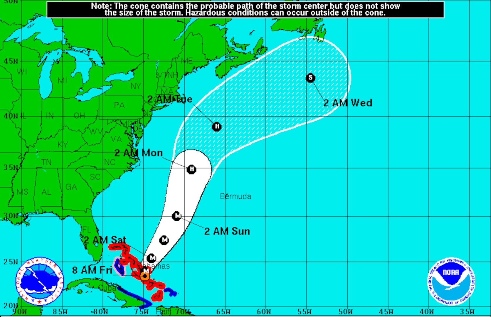This map from the National Hurricane Center shows the projected path this weekend of category-4 Hurricane Joaquin.