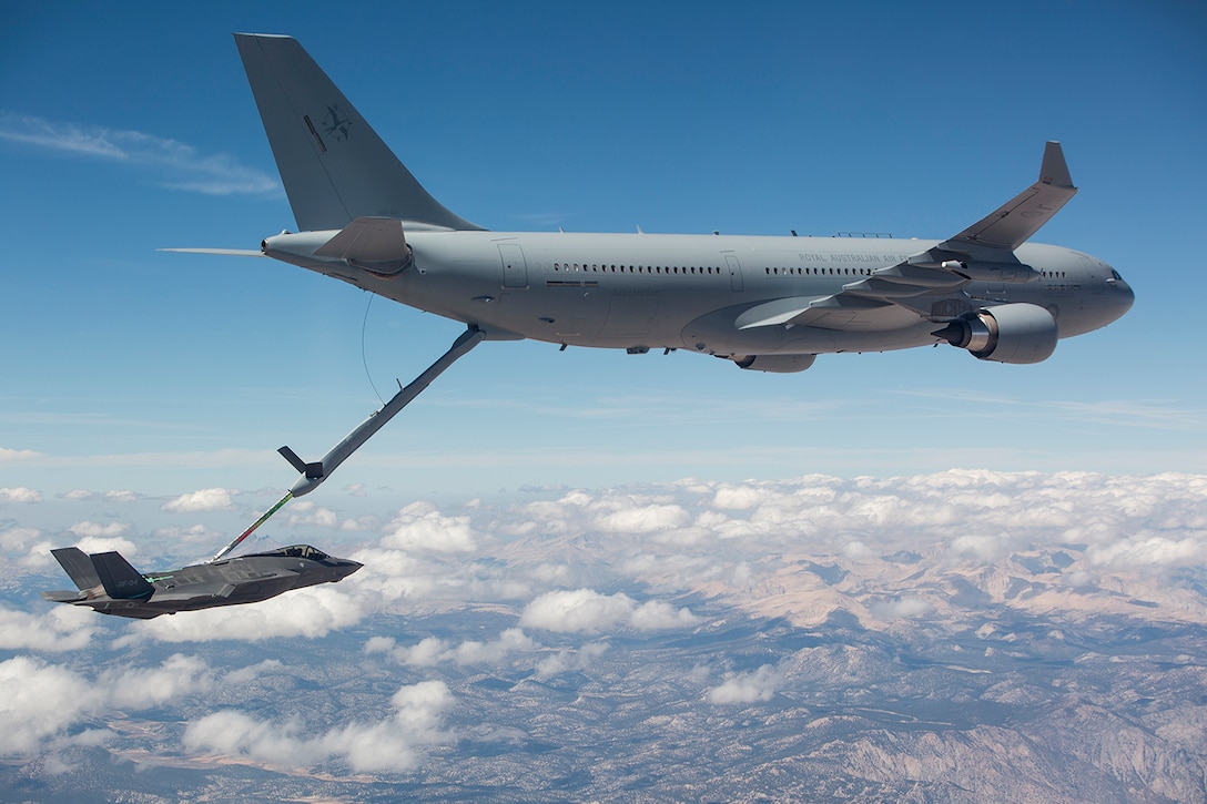 The Royal Australian Air Force has completes the first fuel transfer with the air refuelling boom from a RAAF KC-30A Multi Role Tanker Transport to a U.S. Air Force F-35A Lightning II Sept. 25, 2015, at Edwards Air Force Base, Calif. Refuelling between the KC-30A and F-35A is an important step toward the KC-30A’s achievement of final operational capability and represents continued progress in the development of the F-35A. (Lockheed Martin courtesy photo/Jonathan Case)