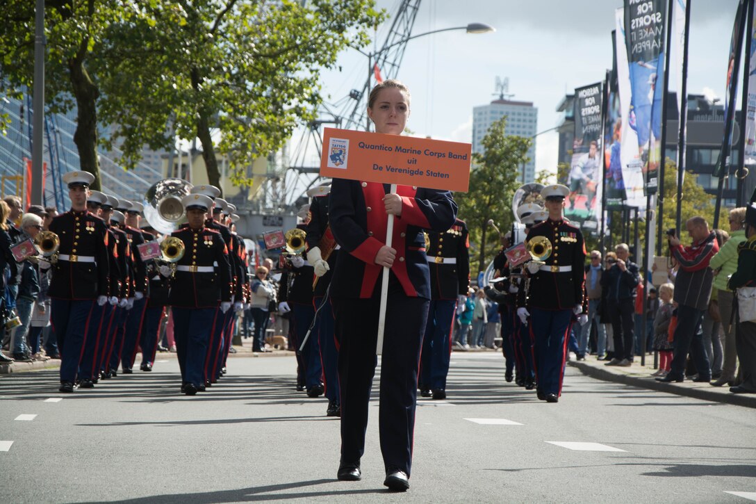 The Rotterdam, Netherlands community takes note of the Quantico Marine Corps Ceremonial Band during the military parade as part of the Netherlands International Military Tattoo Festival, Sept. 23. 