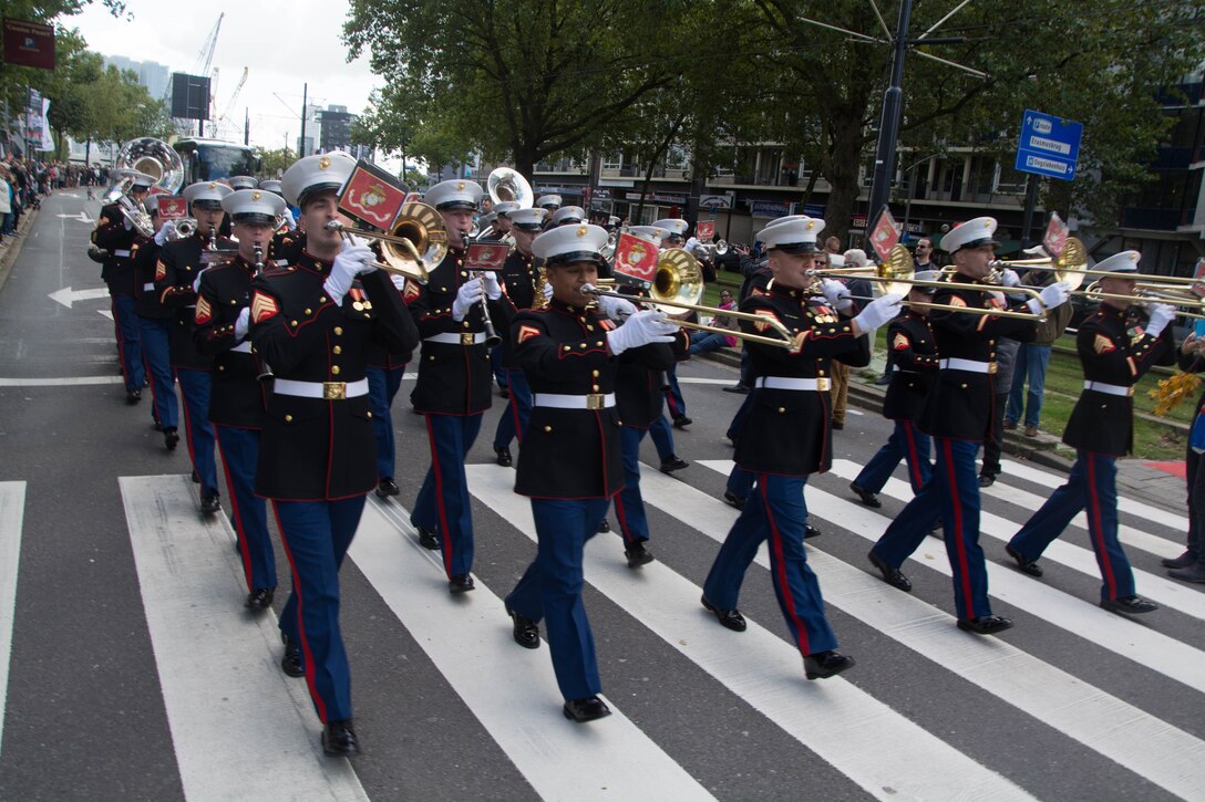 Quantico Marine Corps Ceremonial Band joins military bands from all around the world in a military parade in Rotterdam, Netherlands, Sept. 23. The ceremonial band is a featured performer at the Netherlands International Military Tattoo Festival Sept. 20 -29.