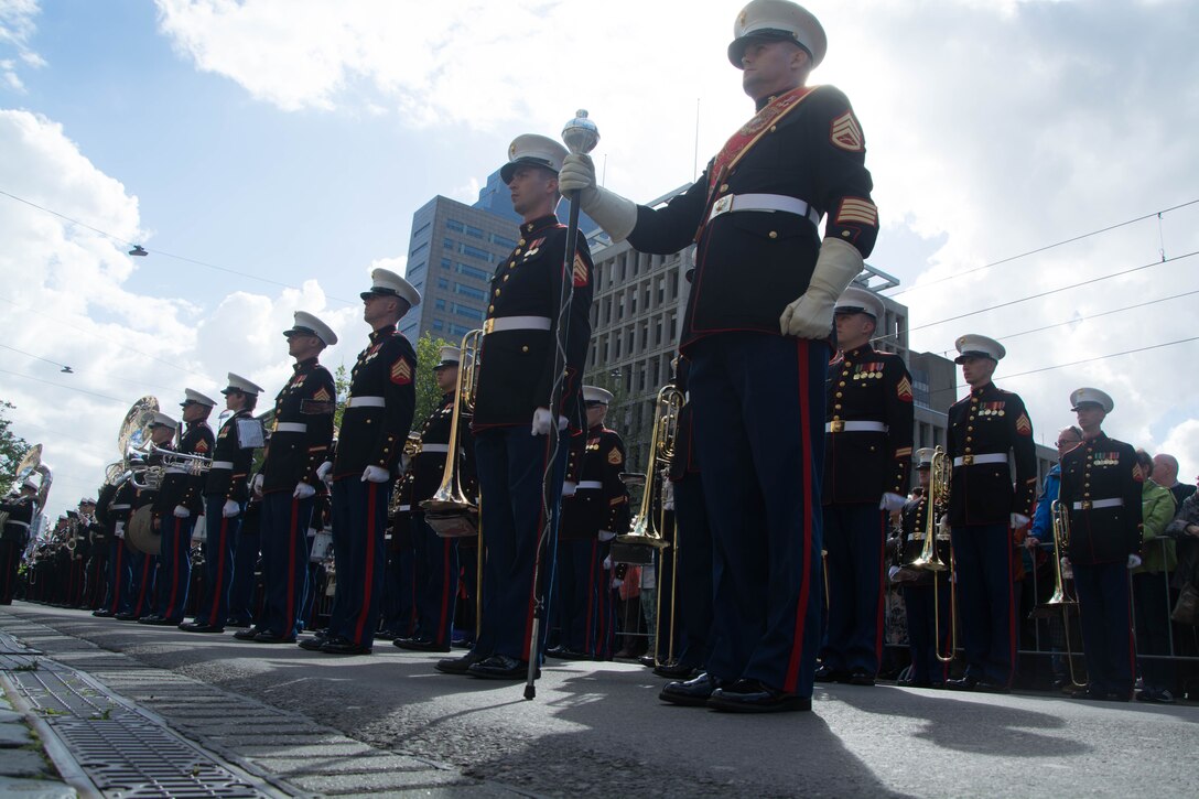 Quantico Marine Corps Ceremonial Band joins military bands from all around the world in a military parade in Rotterdam, Netherlands, Sept. 23. The ceremonial band is a featured performer at the Netherlands International Military Tattoo Festival Sept. 20 -29.