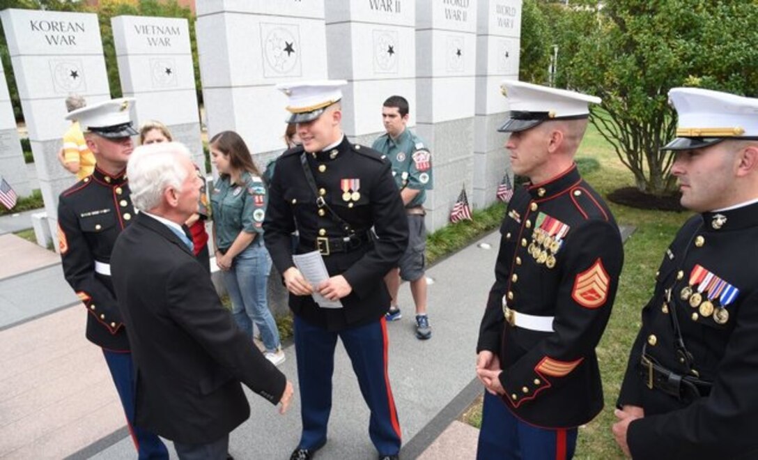 Marines with 2nd Marine Division meet with civilians during the repatriation of 1st Lt. Alexander Bonnyman Jr. in Knoxville, Tenn, Sept. 27, 2015. Bonnyman enlisted in the Marine Corps in 1942 and was awarded the Medal of Honor for his actions during the Battle of Tarawa in 1943. His remains were brought home after being discovered in Tarawa 72 years later. (Courtesy Photo)