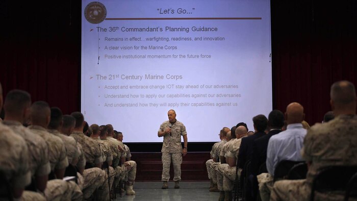 Gen. Robert B. Neller speaks to Marines for the first time as commandant at Marine Corps Base Quantico, Va., Oct. 1, 2015. Neller focused on people, readiness, training, Naval integration and modernization during his speech. 