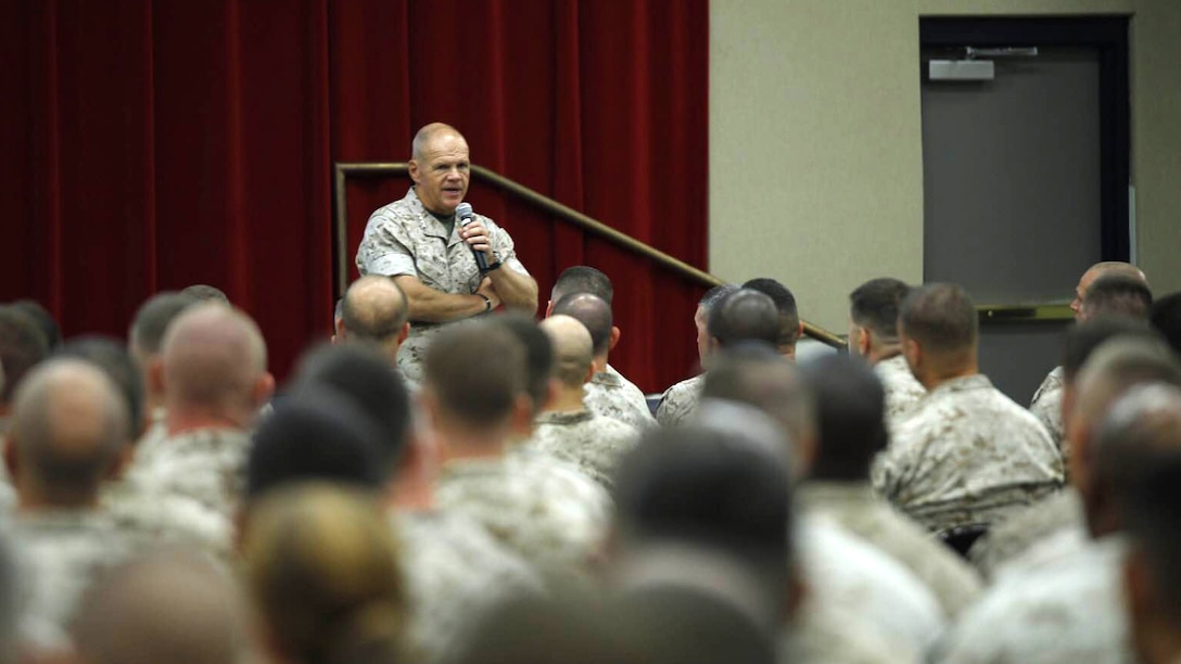 Gen. Robert B. Neller speaks to Marines for the first time as commandant at Marine Corps Base Quantico, Va., Oct. 1, 2015. Neller focused on people, readiness, training, Naval integration and modernization during his speech. 