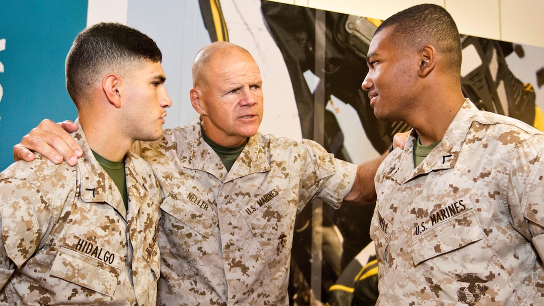Commandant of the Marine Corps, Gen. Robert B. Neller, speaks with Marines at Bruce Hall chow hall, Marine Corps Base Quantico, Va., Oct. 1, 2015. Neller spoke about readiness, training, Naval integration, modernization and technology. 