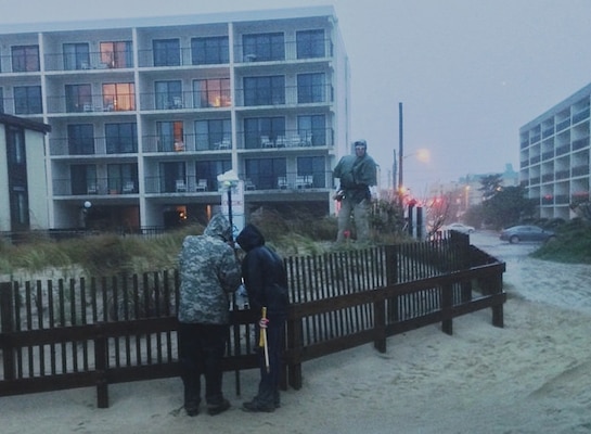 The Baltimore District Atlantic Coast of Maryland Shoreline Protection Project Pre-storm Conditional Assessment Team collects survey information in Ocean City, Maryland at different locations along the project, including at known hot-spots for erosion at 146th, 81st, and 32nd streets, Oct. 1, 2015.