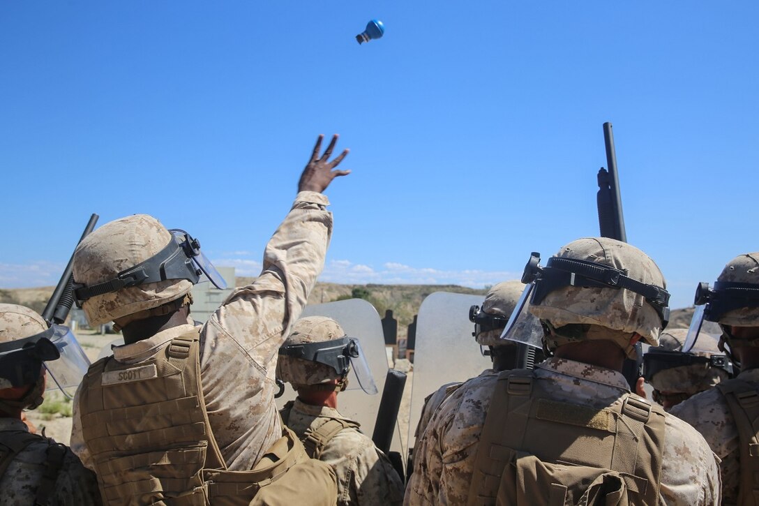 A Marine with 1st Battalion, 5th Marine Regiment, 1st Marine Division, throws a training flashback at downrange targets during a riot control tactics course aboard Marine Corps Base Camp Pendleton, Calif., Sept. 25, 2015. The course was part of an annual training event meant to educate Marines in the de-escalation of situations, while showing appropriate escalation of force in response to riots. (U.S. Marine Corps photo by Pfc. Devan K. Gowans/Released)