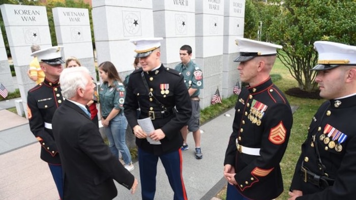 Marines with 2nd Marine Division meet with civilians during the repatriation of 1st Lt. Alexander Bonnyman Jr. in Knoxville, Tenn, Sept. 27, 2015. Bonnyman enlisted in the Marine Corps in 1942 and was awarded the Medal of Honor for his actions during the Battle of Tarawa in 1943. His remains were brought home after being discovered in Tarawa 72 years later.