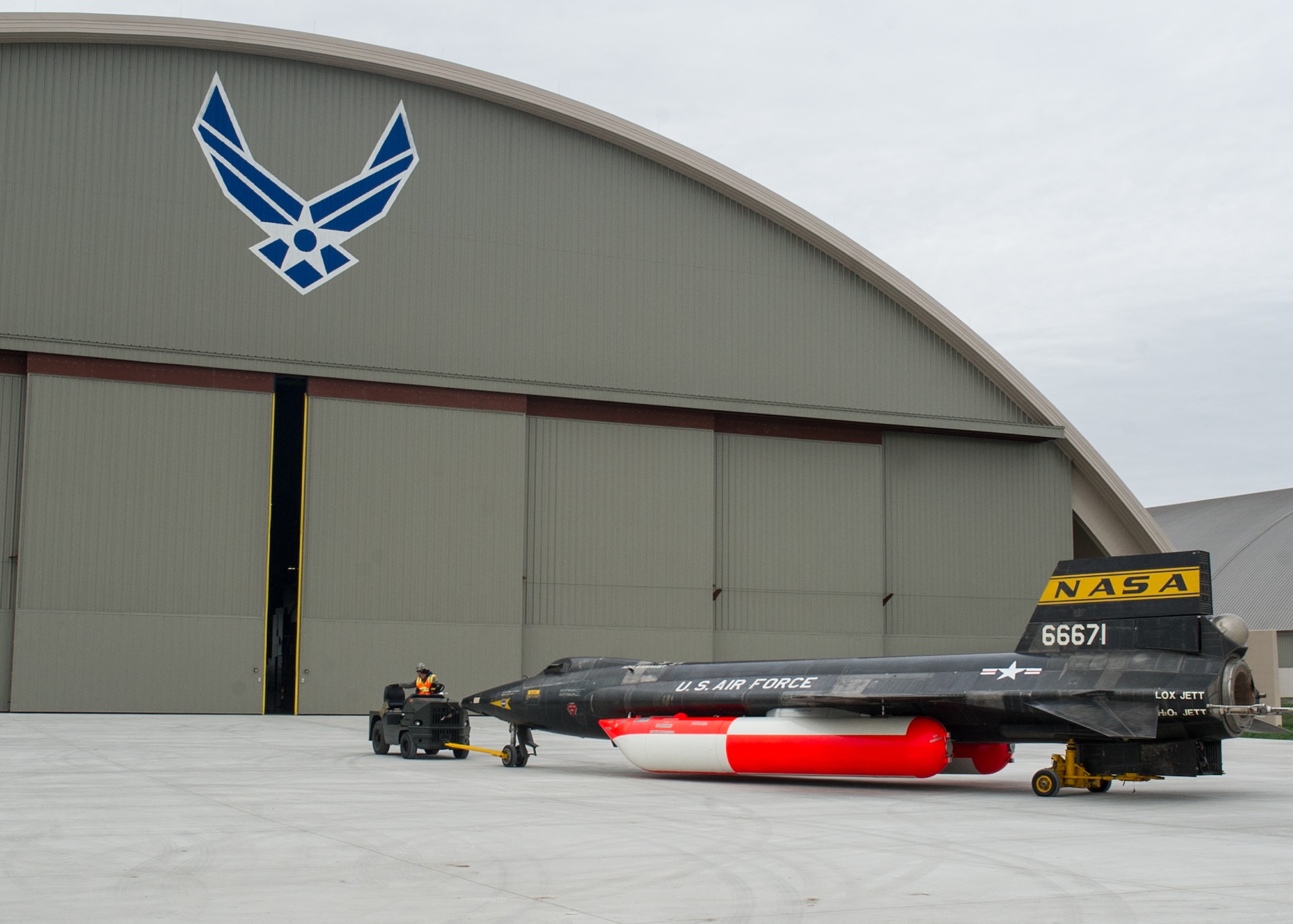 Museum restoration crews move the X-15A-2 from the restoration hangar to the museum’s new fourth building on Oct. 2, 2015. The X-15 became the first aircraft to be moved into the fourth building, where it will be part of the expanded Space Gallery. (U.S. Air Force photo by Ken LaRock)