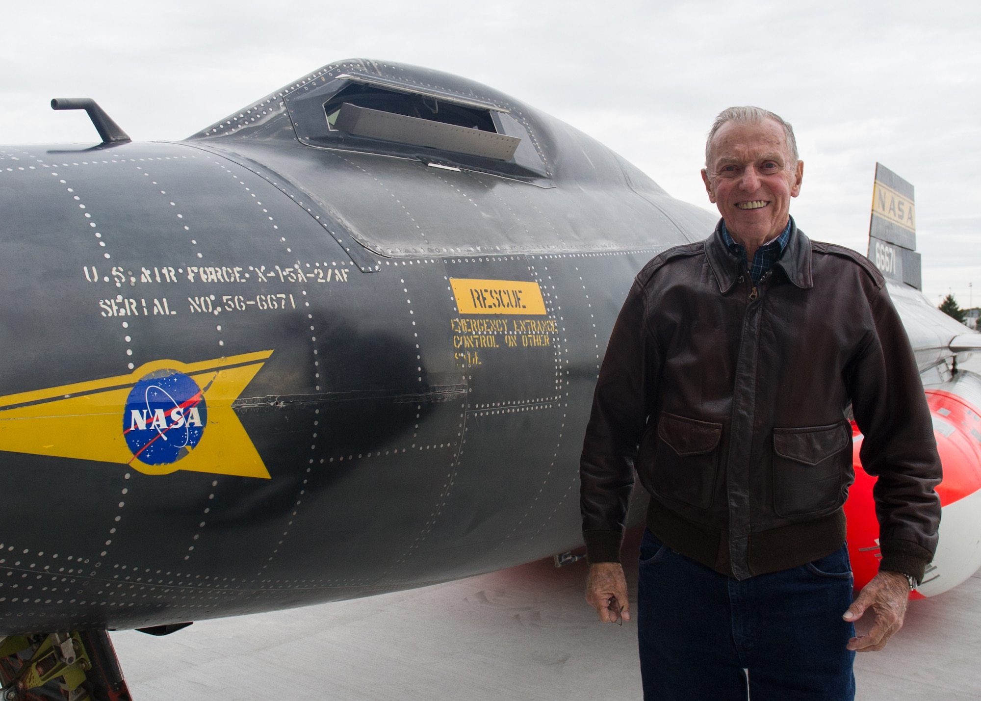 Retired NASA astronaut and the only surviving X-15 pilot, Maj. Gen. (Ret.) Joe Engle poses in front of the museum’s X-15A-2. The X-15 became the first aircraft to be moved into the fourth building when it was moved from the restoration hangar on Oct. 2, 2015. (U.S. Air Force photo by Ken LaRock)