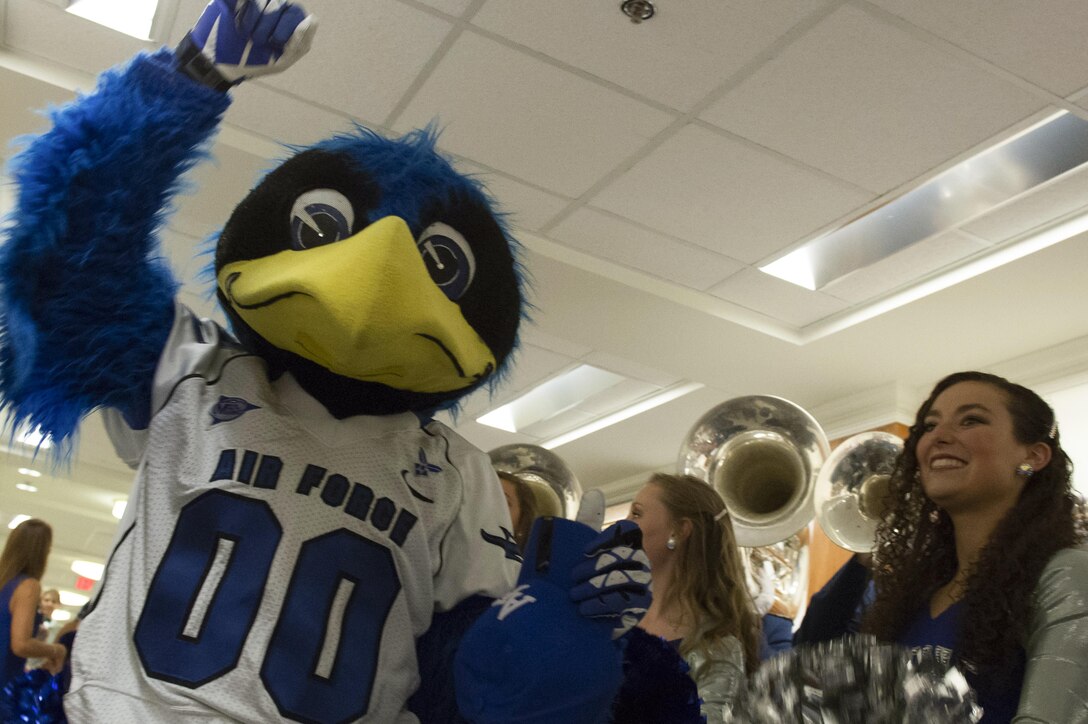 U.S. Air Force Academy cheerleaders, band members and mascot cheer during a pep rally at the Pentagon, Oct. 2, 2015. DoD photo by U.S. Air Force Senior Master Sgt. Adrian Cadiz