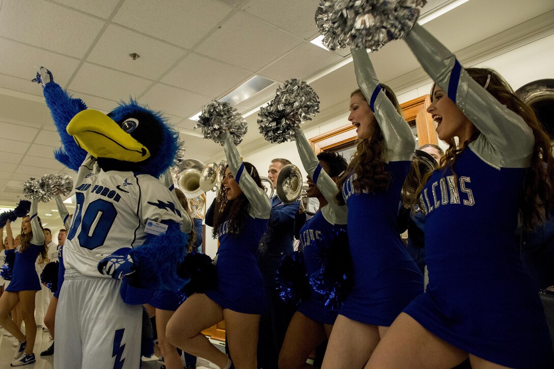 U.S. Air Force Academy cheerleaders, band members and mascot cheer during a pep rally at the Pentagon, Oct. 2, 2015. DoD photo by U.S. Air Force Senior Master Sgt. Adrian Cadiz