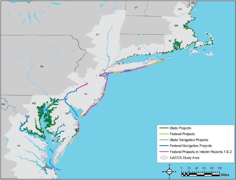 This graphic uses colored symbols to show where U.S. Army Corps of Engineers and state coastal risk mitigation and navigation projects built before and since Hurricane Sandy are located along the North Atlantic coast.