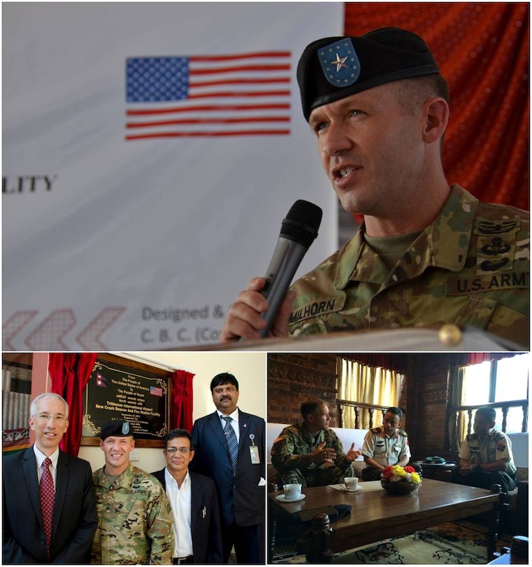 Brig. Gen. Jeffrey Milhorn, Commanding General for USACE-Pacific Ocean Division, inaugurates the new Crash Fire Rescue Station at Tribhuvan International Airport in Kathmandu, Nepal. The $1.3 million building was completed in September 2015. USACE Alaska District managed the construction. This U.S. Embassy-sponsored project ensures the emergency response capacity of the airport with a seismically sound structure that will allow for rapid response and observation of any crisis. Milhorn, who was also the Deputy Commander of JTF 505 during the earthquake response, met with representatives from the Nepalese Army to discuss ways to improve their bilateral disaster response efforts and ensure future cooperation between the Nepalese Army and U.S. military.