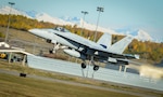 A Navy F-18 Hornet leaves the Joint Base Elmendorf-Richardson flightline Sept. 23 for dissimilar air combat training. DACT involves different types of airframes training with and against each other. The goal is to expand pilots’ proficiency in as many circumstances as possible. 