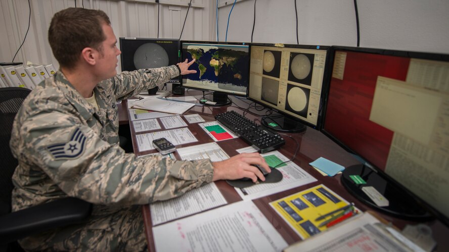 Staff Sgt. Erin O’Connell, a solar analyst with the 2nd Weather Squadron, Det. 4, monitors multiple live readings from the sun while looking out for any kind of solar activity that might affect Earth at the Holloman Solar Observatory on Sept. 24. The solar observatory works jointly with civilian and Department of Defense customers who utilize the information in different ways. (U.S. Air Force photo by Senior Airman Aaron Montoya)