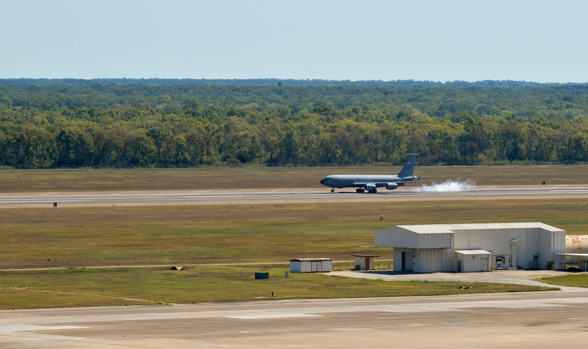 A KC-135 Stratotanker touches down at Barksdale Air Force Base, La., Oct. 2, 2015. The Stratotanker, which can carry up to 83,000 pounds of cargo, provides the core aerial refueling capability for the U.S. Air Force and has excelled in this role for more than 50 years. (U.S. Air Force photo/Airman 1st Class Mozer O. Da Cunha)