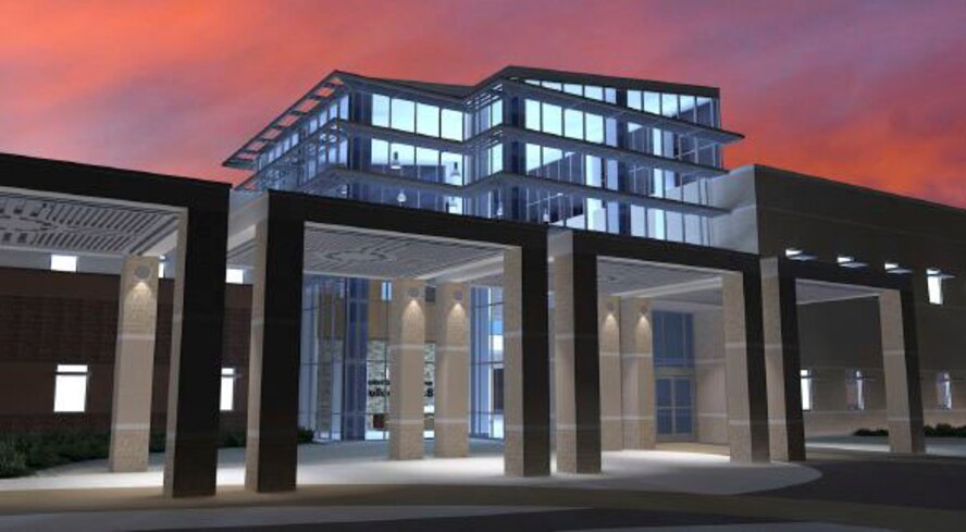 A computer constructed view of the new medical clinic’s entrance at dusk. The 49th Medical Group began construction in July to replace their 44-year-old facility and consolidate services from five outlying buildings. The new medical clinic is expected to be completed by November 2017. (Courtesy Illustration)