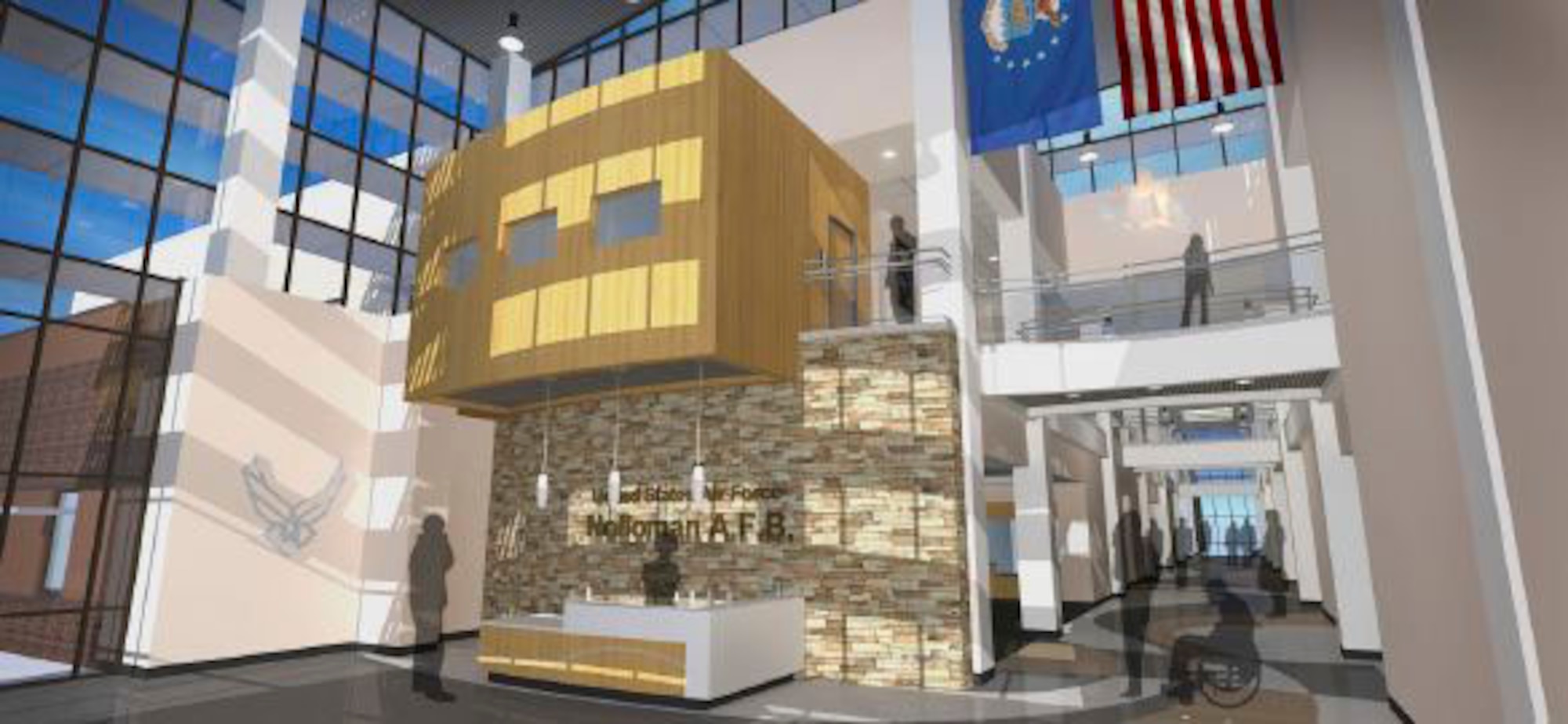 A computer constructed view of the new medical clinic’s entrance interior. The 49th Medical Group began construction in July to replace their 44-year-old facility and consolidate services from five outlying buildings. The new medical clinic is expected to be completed by November 2017. (Courtesy Illustration)