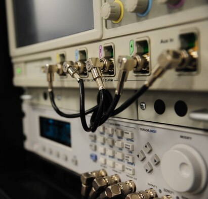 An oscilloscope awaits operation at Whiteman Air Force Base, Mo., Oct. 1, 2015. The avionics backshop crewmembers check the oscilloscope parameter often to ensure the integrity of the test station for line replacing unit testing. (U.S Air Force photos by Senior Airman Keenan Berry/Released)