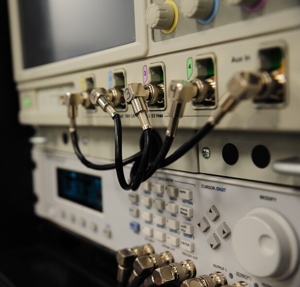 An oscilloscope awaits operation at Whiteman Air Force Base, Mo., Oct. 1, 2015. The avionics backshop crewmembers check the oscilloscope parameter often to ensure the integrity of the test station for line replacing unit testing. (U.S Air Force photos by Senior Airman Keenan Berry/Released)