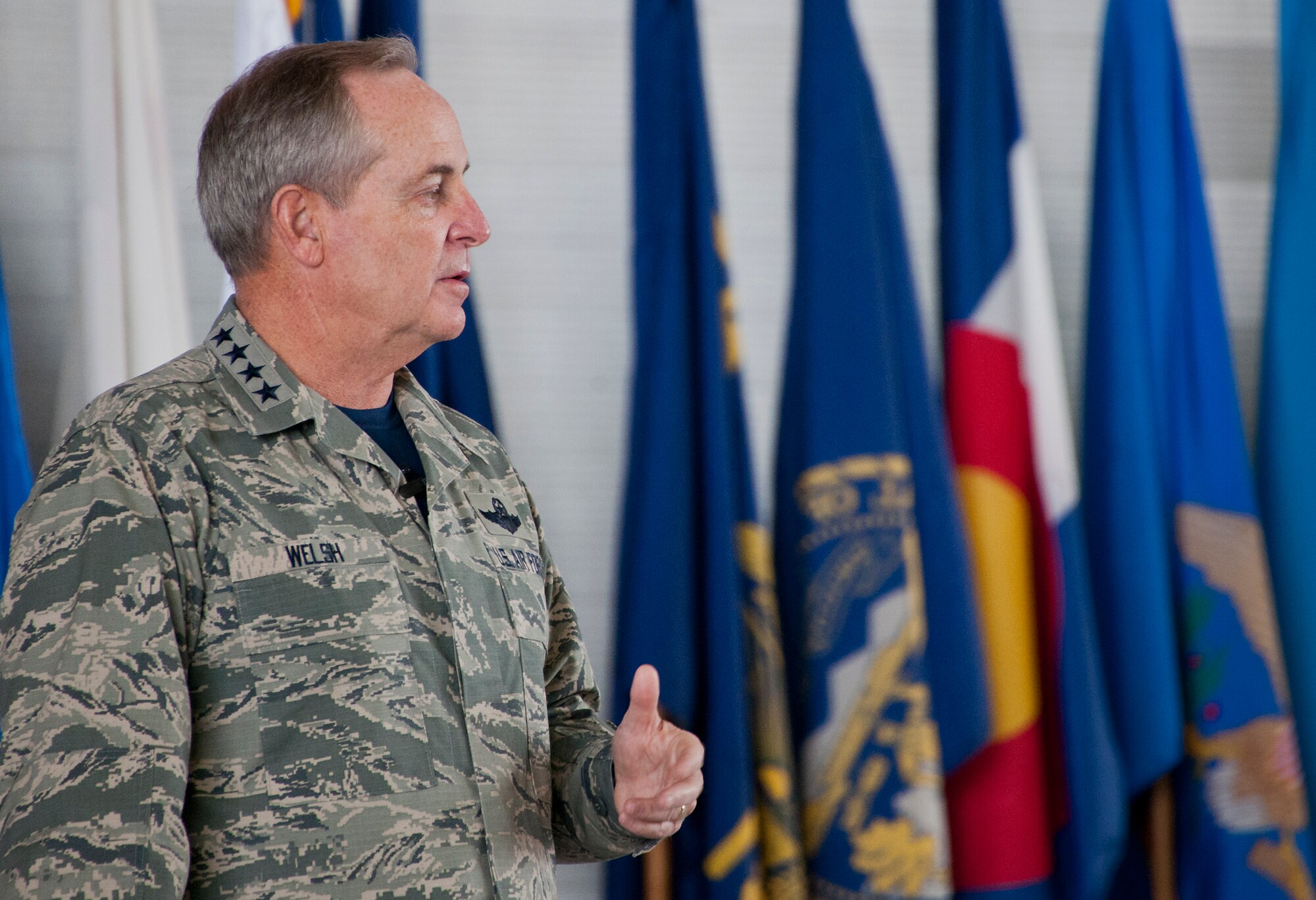 Air Force Chief of Staff Gen. Mark A. Welsh III speaks to an audience of Airmen at an “All Call” Oct. 2 at Eglin Air Force Base, Fla.  Welsh and Chief Master Sgt. of the Air Force James Cody visited Eglin and Hurlburt Field to engage with Airmen.  (U.S. Air Force photo/Samuel King Jr.)