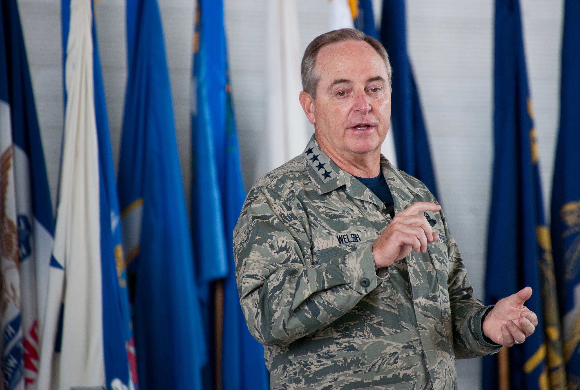 Air Force Chief of Staff Gen. Mark A. Welsh III speaks to an audience of Airmen at an “All Call” Oct. 2 at Eglin Air Force Base, Fla.  Welsh and Chief Master Sgt. of the Air Force James Cody visited Eglin and Hurlburt Field to engage with Airmen.  (U.S. Air Force photo/Samuel King Jr.)