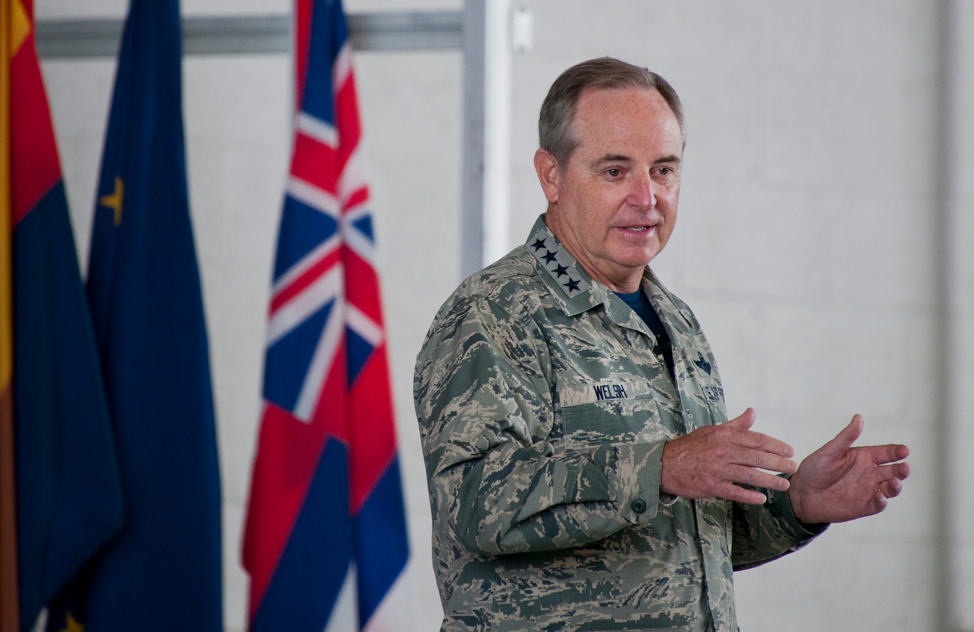 Air Force Chief of Staff Gen. Mark A. Welsh III speaks to an audience of Airmen at an “All Call” Oct. 2 at Eglin Air Force Base, Fla.  Welsh and Chief Master Sgt. of the Air Force James Cody visited Eglin and Hurlburt Field to engage with Airmen.  (U.S. Air Force photo/Samuel King Jr.)
