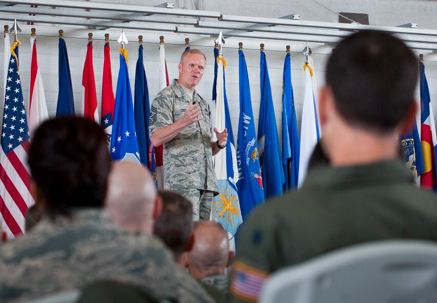 Chief Master Sgt. of the Air Force James Cody speaks to an audience of Airmen at an “All Call” Oct. 2 at Eglin Air Force Base, Fla.  Cody and Air Force Chief of Staff Mark A. Welsh III spent visited Eglin and Hurlburt Field to engage with Airmen.  (U.S. Air Force photo/Samuel King Jr.)