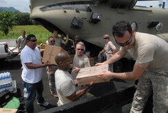 QUEBRADA NEGRA, Panama – Service members from Joint Task Force-Bravo and the Panamanian Ministry of Health load materials and supplies into a CH-47 Chinook, for the construction of latrines and water dispensing sites in Quebrada Negra, Panama, September 23, 2015, in order to provide sanitary conditions for the community. Medical readiness training exercises help foster good relationships and serve as a validation of teamwork between partner nations.   (U.S. Army photo by Sgt. Tia Sokimson)