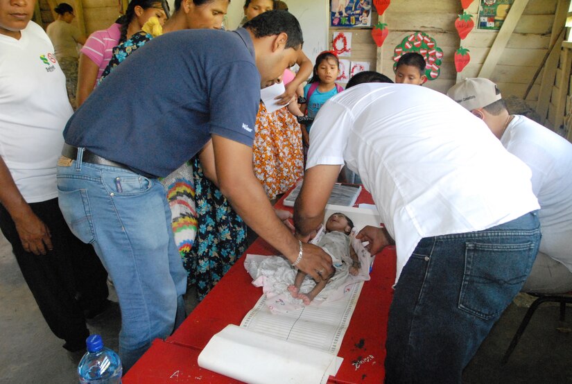 CORONTE, Panama – Victor Luis Pineda, a 30-day-old child, is checked for malnourishment, dehydration, and oral candidiasis during a medical readiness training exercise in Coronte, Panama, September 25, 2015. With support from Joint Task Force-Bravo, the baby was able to be transported by helicopter to the to the Ramballa Air Field, along with his mother and a representative from the Panamanian Ministry of Health, in order to get life-saving treatment. (U.S. Army photo by Sgt. Tia Sokimson)