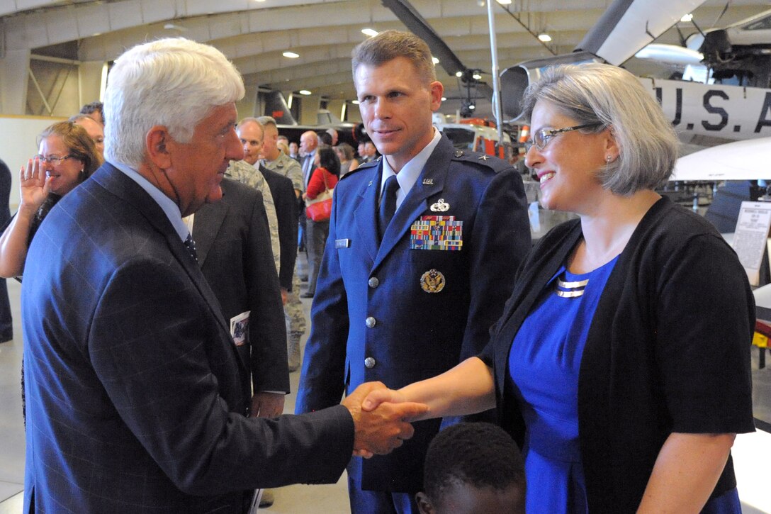 Brig. Gen. Steven Bleymaier and his wife, Wendy, greet Utah Congressman Rob Bishop following the Aug. 31 change of command ceremony where Bleymaier assumed command of the Ogden Air Logistics Complex.(U.S. Air Force photo by Todd Cromar)
