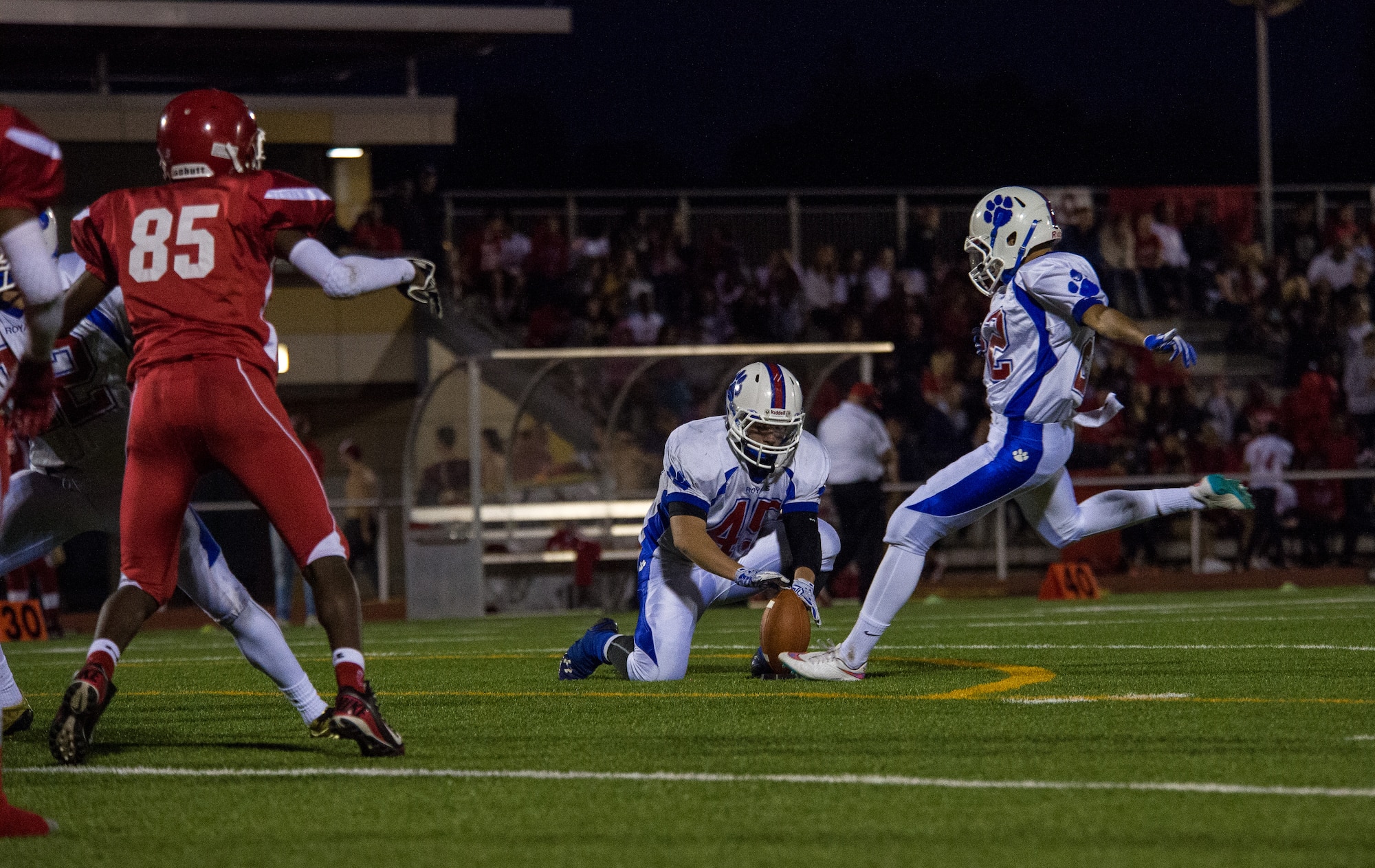 Damon White, Ramstein Royals’ kicker, attempts a field goal during the second quarter Sept. 25, 2015, at Vogelweh Military Complex, Germany. After being behind, the Royals would lead 13-7 during halftime. (U.S. Air Force photo/Senior Airman Damon Kasberg)