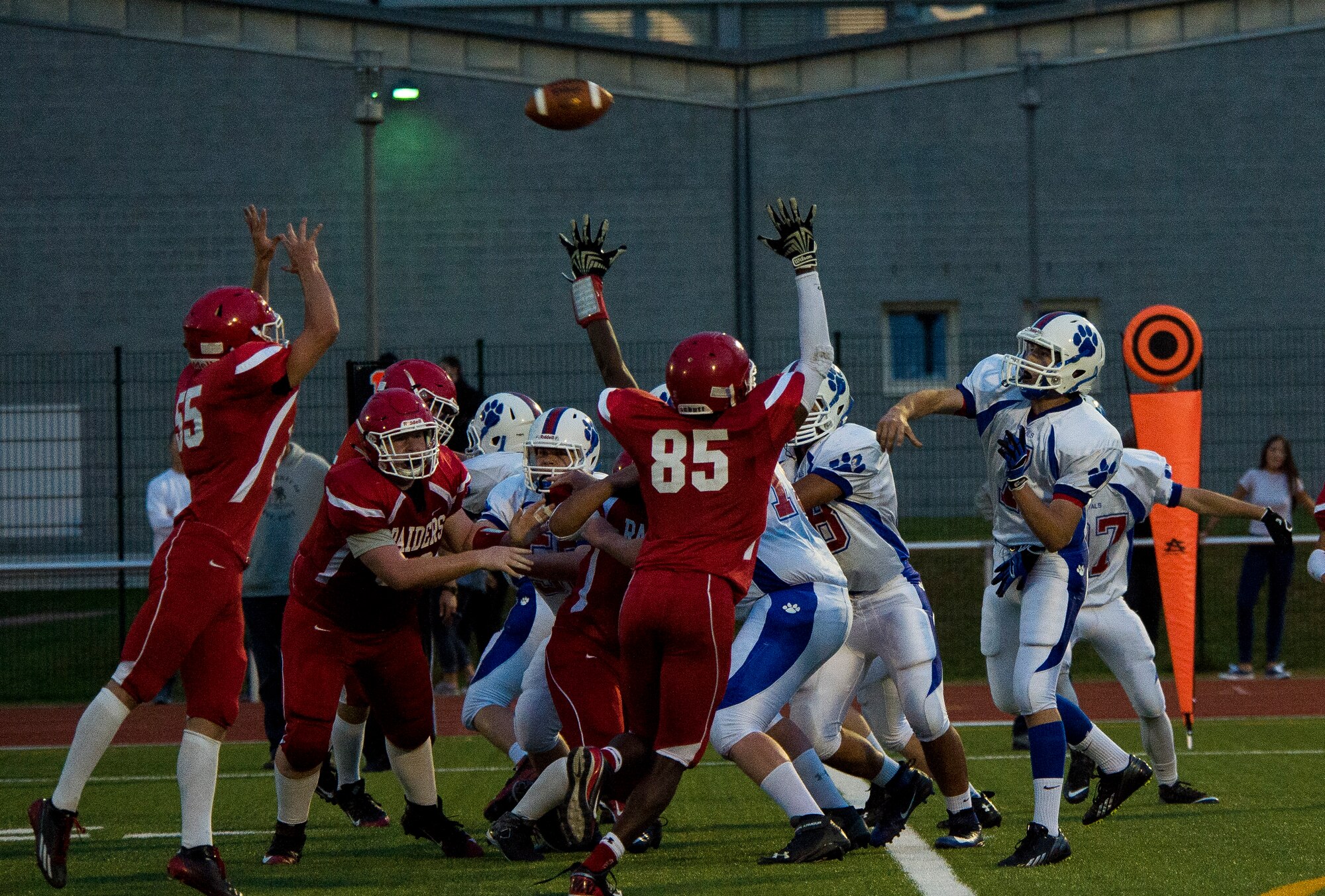 Kyle Glenn, Ramstein Royals quarterback, passes the ball Sept. 25, 2015, at Vogelweh Military Complex, Germany. The Royals won 27-14. (U.S. Air Force photo/Senior Airman Damon Kasberg)