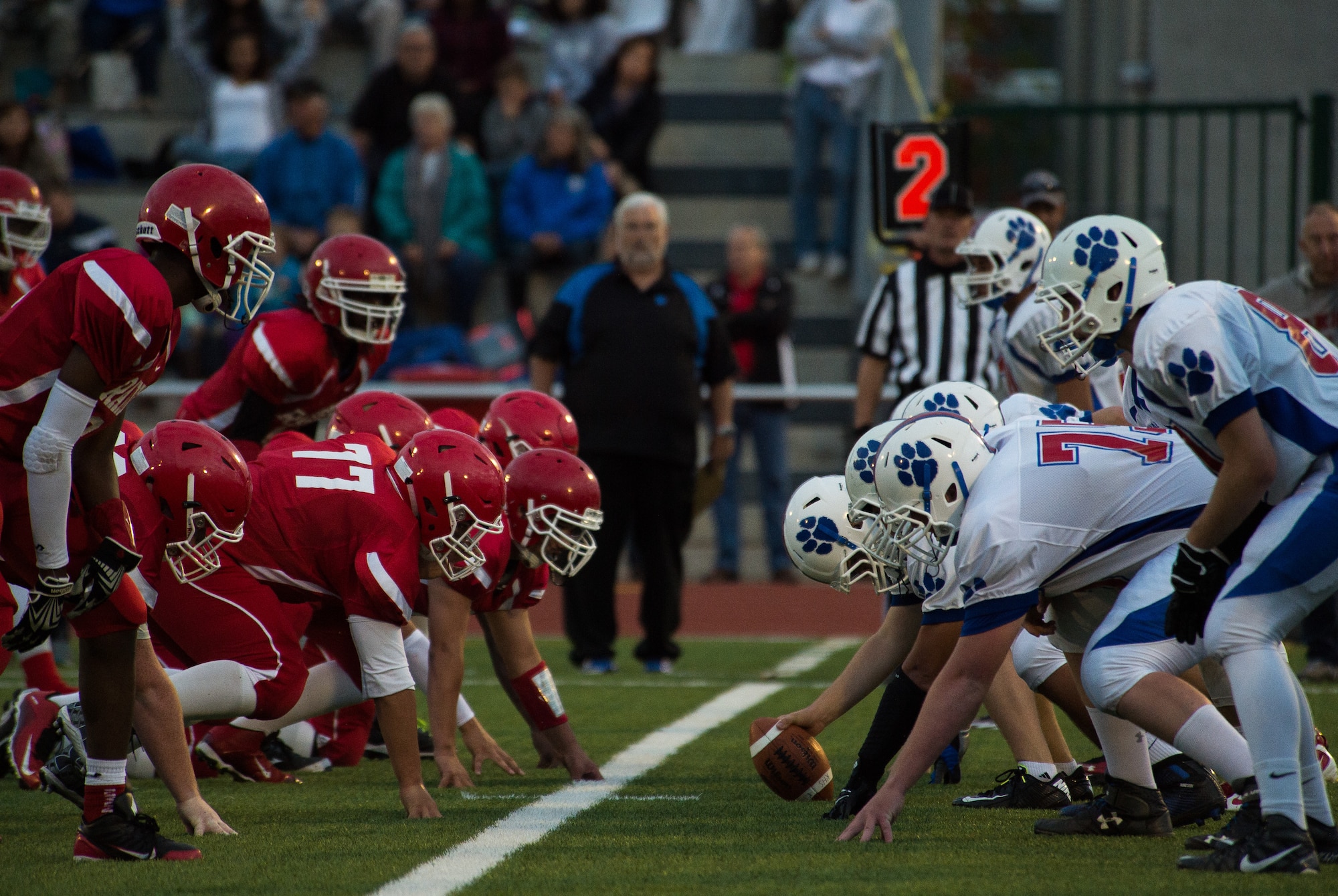 Kaiserslautern Raiders and Ramstein Royals face off during the first quarter Sept. 25, 2015, at Vogelweh Military Complex, Germany. After a slow start, the Royals came back to win 27-14. (U.S. Air Force photo/Senior Airman Damon Kasberg)