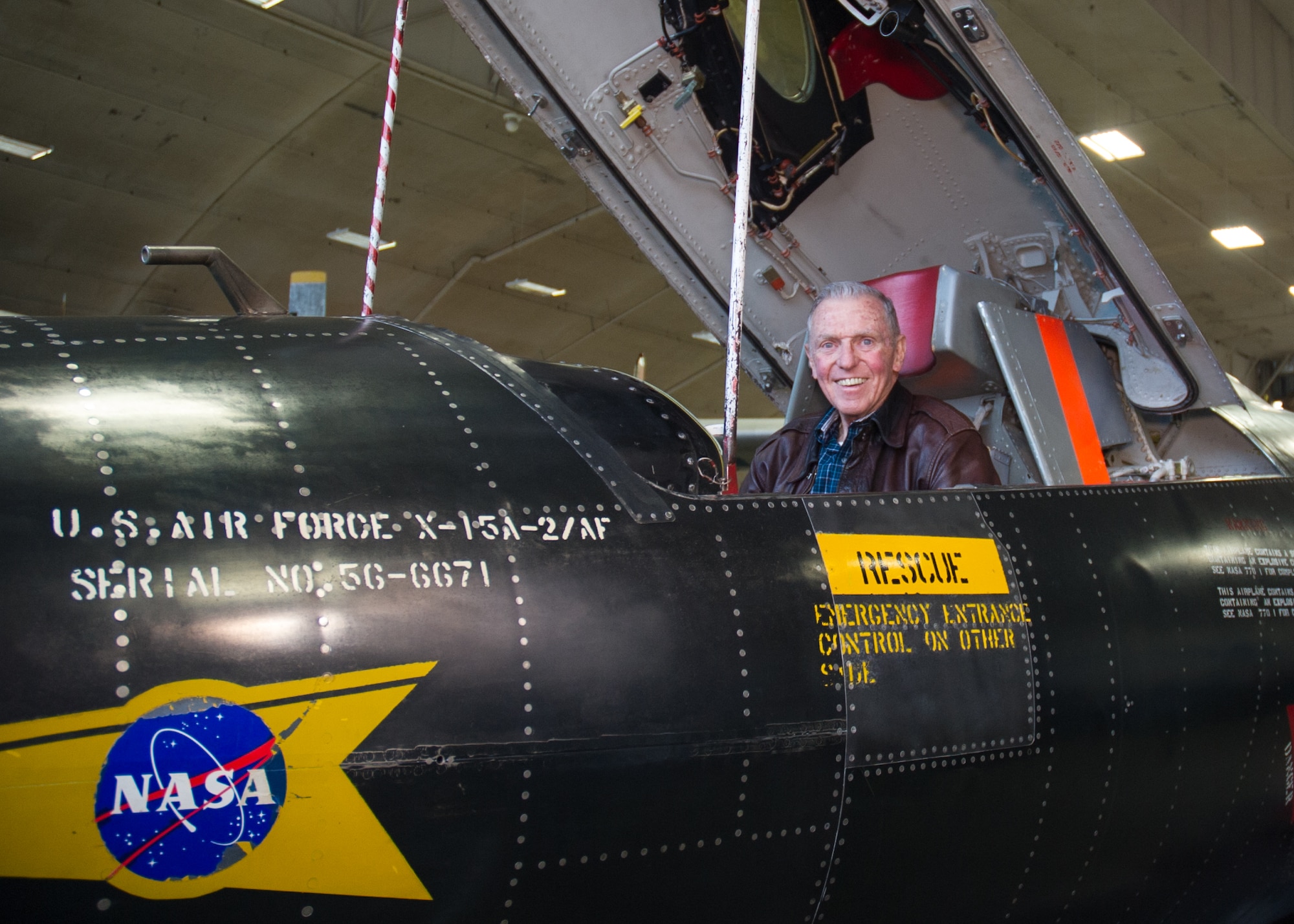 Retired NASA astronaut and the only surviving X-15 pilot, Maj. Gen. (Ret.) Joe Engle sat in the X-15 cockpit one more time. The X-15 became the first aircraft to be moved into the fourth building on Oct. 2, 2015, where it will be part of the expanded Space Gallery. (U.S. Air Force photo by Ken LaRock)