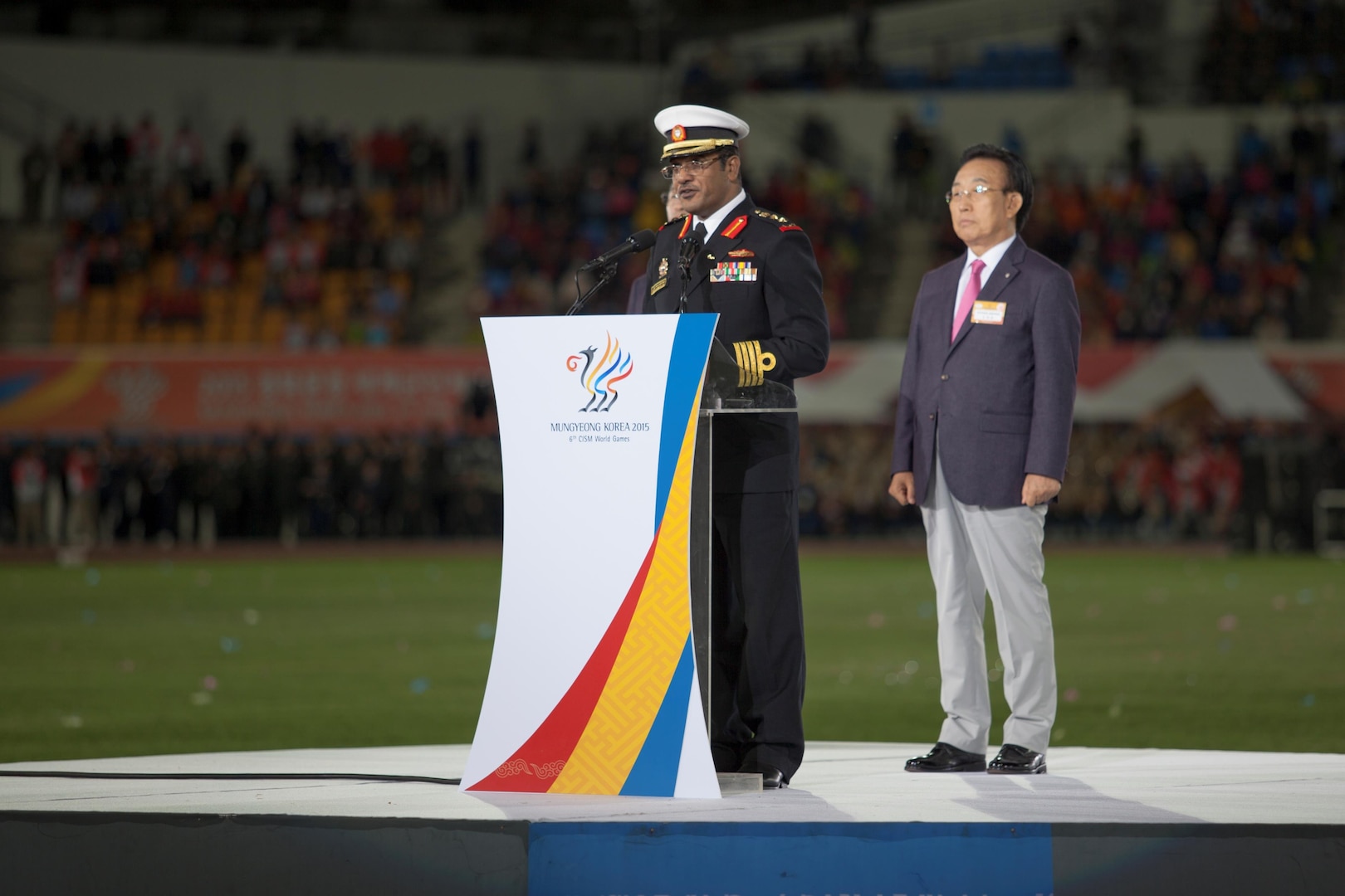 Athletes of over 100 nations joined together in Mungyeong, South Korea, for the Opening Ceremony of the 2015 6th Conseil International du Sport Militaire (CISM) World Games. The ceremony included the marching in of each nation, words from the president of South Korea and many Korean cultural dances.The CISM World Games provides the opportunity for the athletes of these nations to come together and enjoy friendship through sports. The sixth annual CISM World Games are being held aboard Mungyeong, South Korea, Sept. 30-Oct. 11.