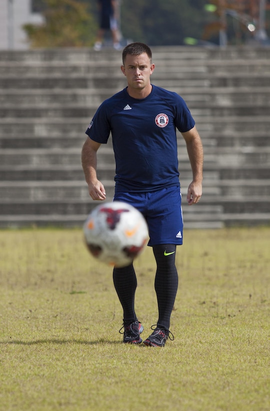 U.S. Army Cpt. Andy Hyres prepares to trap the ball at a U.S. Mens Soccer Team practice at the 6th CISM World Games. The CISM World Games provides the opportunity for the athletes of over 100 different nations to come together and enjoy friendship through sports. The sixth annual CISM World Games are being held aboard Mungyeong, South Korea, Sept. 30 -Oct. 11.