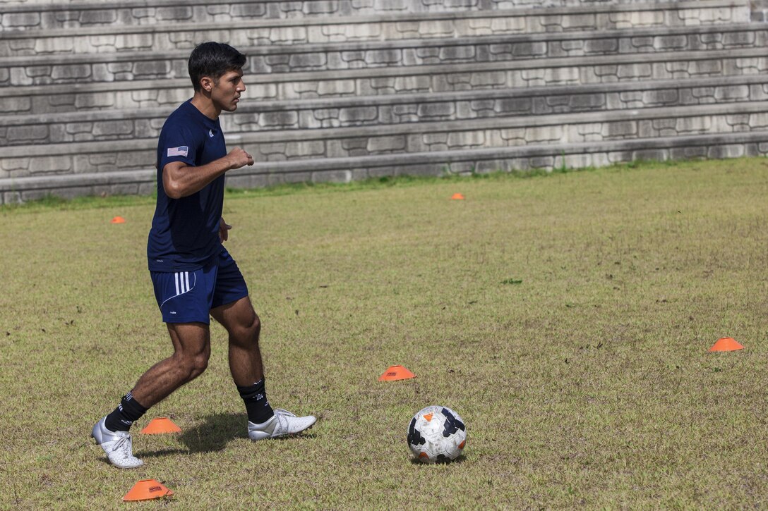 United States Men’s Soccer Team  player 2nd Lt Aaron Zendejas practices for the 2015 6th CISM World Games. The CISM World Games provides the opportunity for the athletes of over 100 different Nations to come together and enjoy friendship through sport. The sixth annual CISM World Games are being held aboard Mungyeong, South Korea., Sept. 30 -Oct. 11.  (Photo by Sgt. Ashley N. Cano)